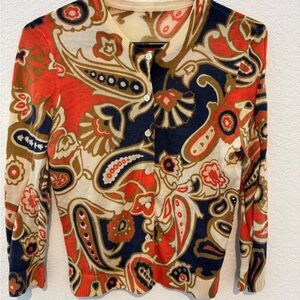 J Crew Paisley Merino Wool Cardigan Small Beige Button Sweater